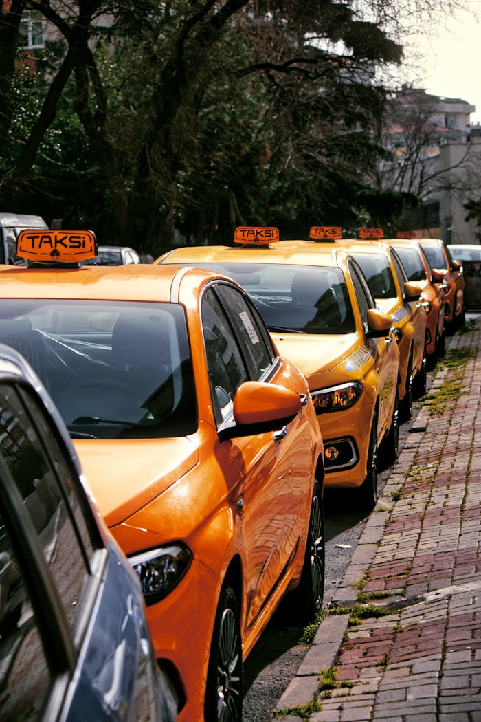 gallery-6 Close-up of multiple yellow taxis on a cobblestone street, hinting at lively urban transportation.